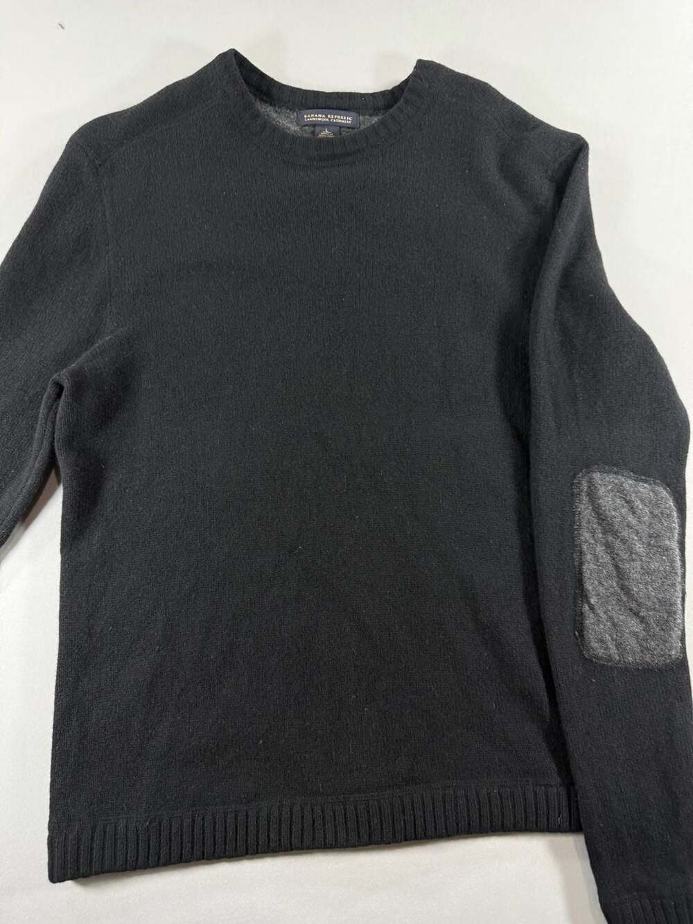 Banana Republic Lambswool Cashmere Black Crewneck Sweater with Elbow Patches Siz